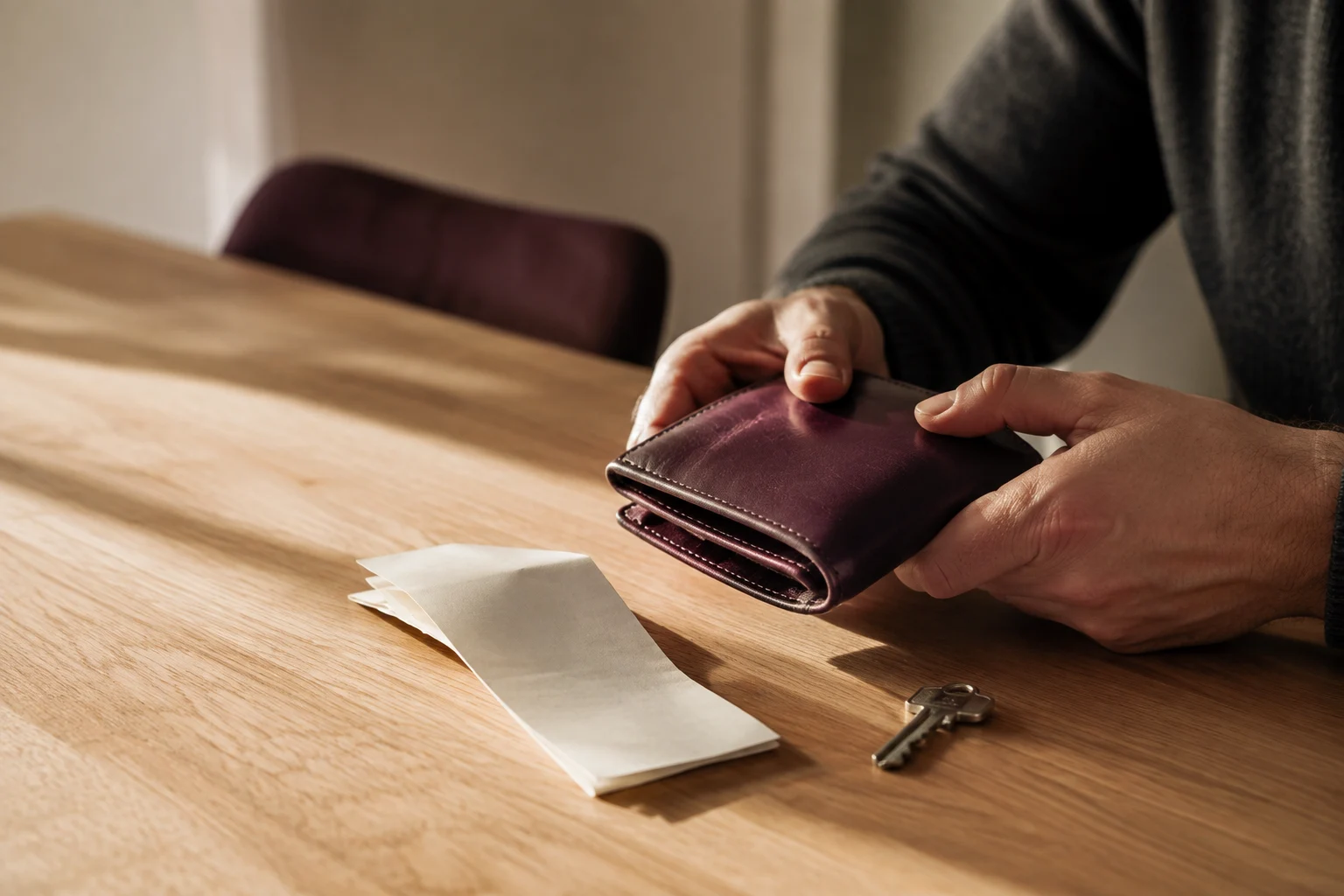 Hands closing a plum leather wallet beside a folded receipt on an oak table