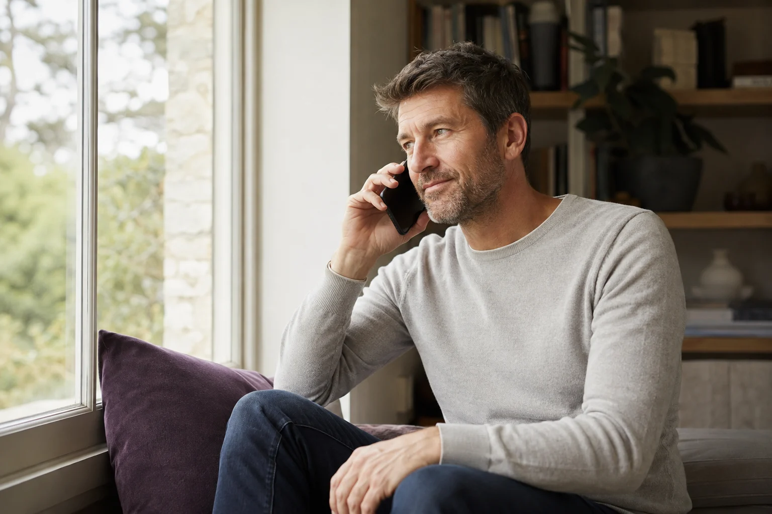 Man having a private phone conversation while seated beside a window at home