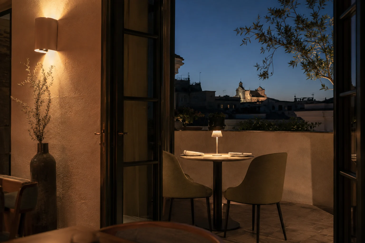 An intimate restaurant terrace at dusk, with two empty chairs and warm light through open doors