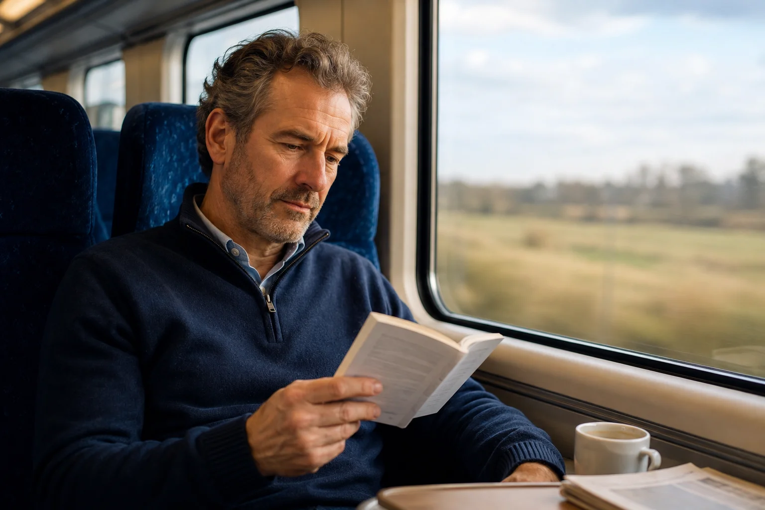 Adult man reading a booklet beside a train window in soft afternoon light