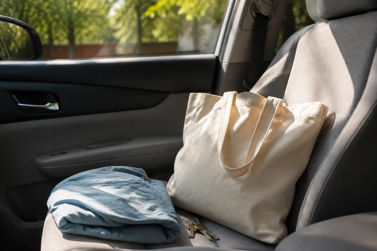 Canvas shopping tote, folded blue jacket and keys on a sunlit passenger seat