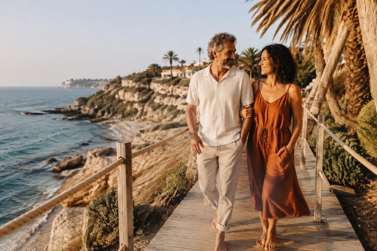 Couple strolling along a wooden Mediterranean boardwalk at golden hour