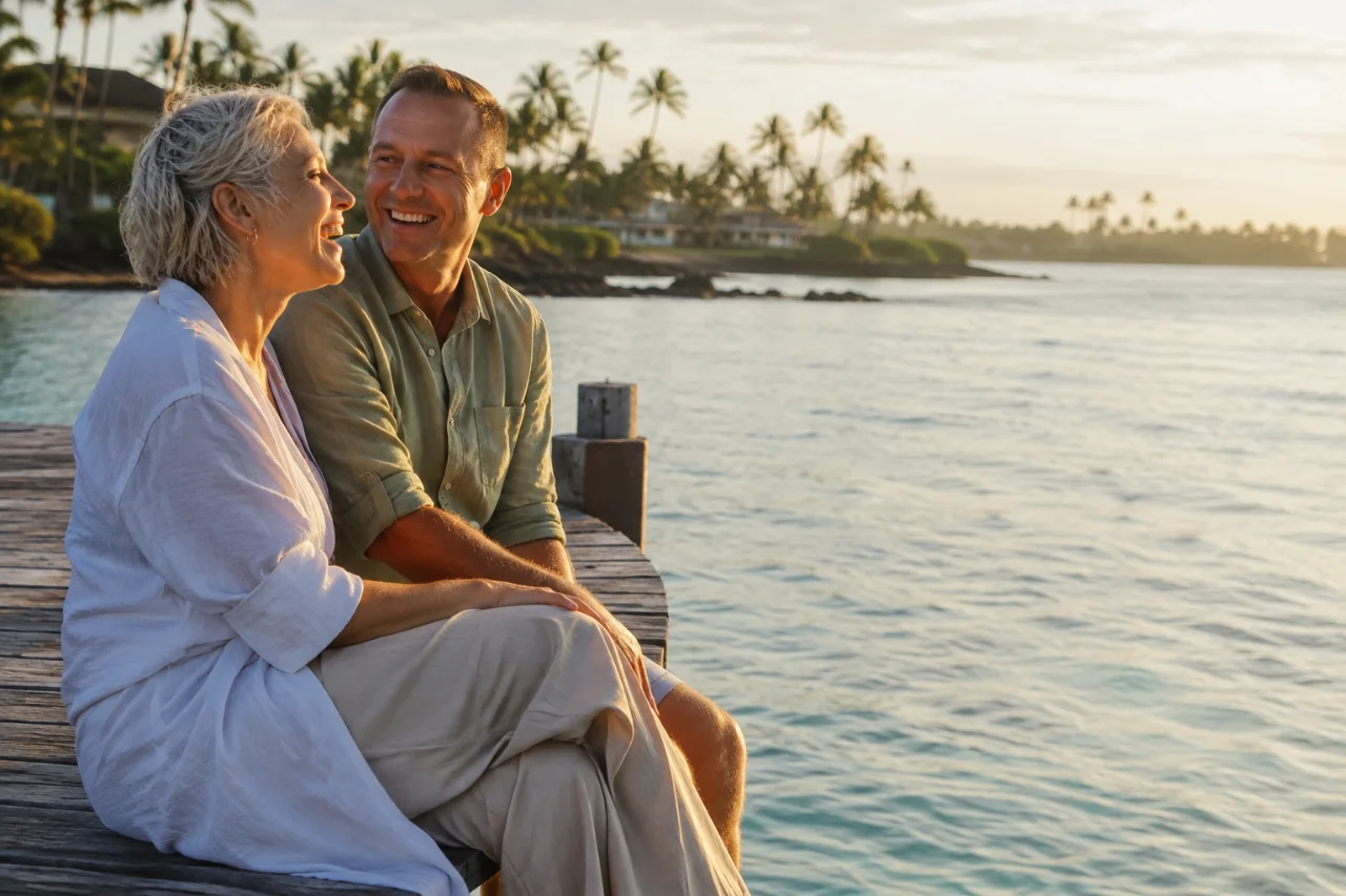 Couple laughing together beside the ocean on a wooden pier