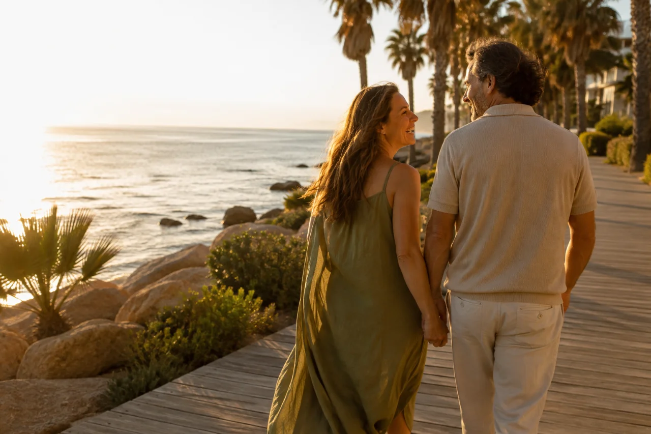 Couple enjoying a palm-lined seaside walk in evening sunlight