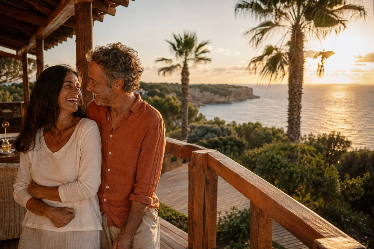 Couple smiling together on a Mediterranean terrace at sunset