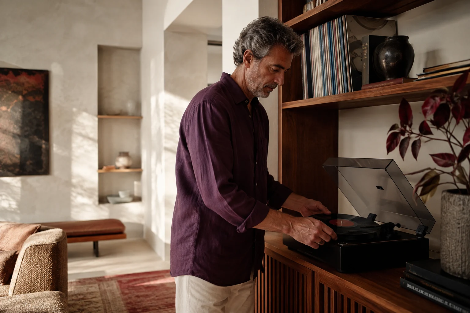 Man in a plum linen shirt placing a vinyl record on a turntable at home