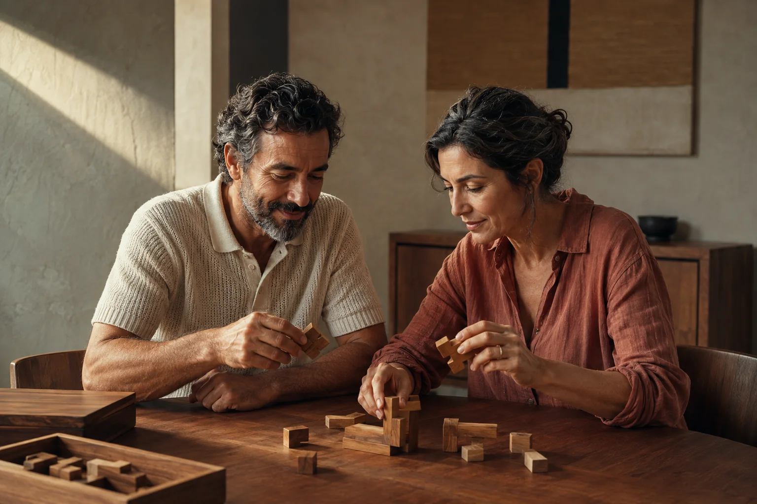A mature couple working on a wooden puzzle together at home