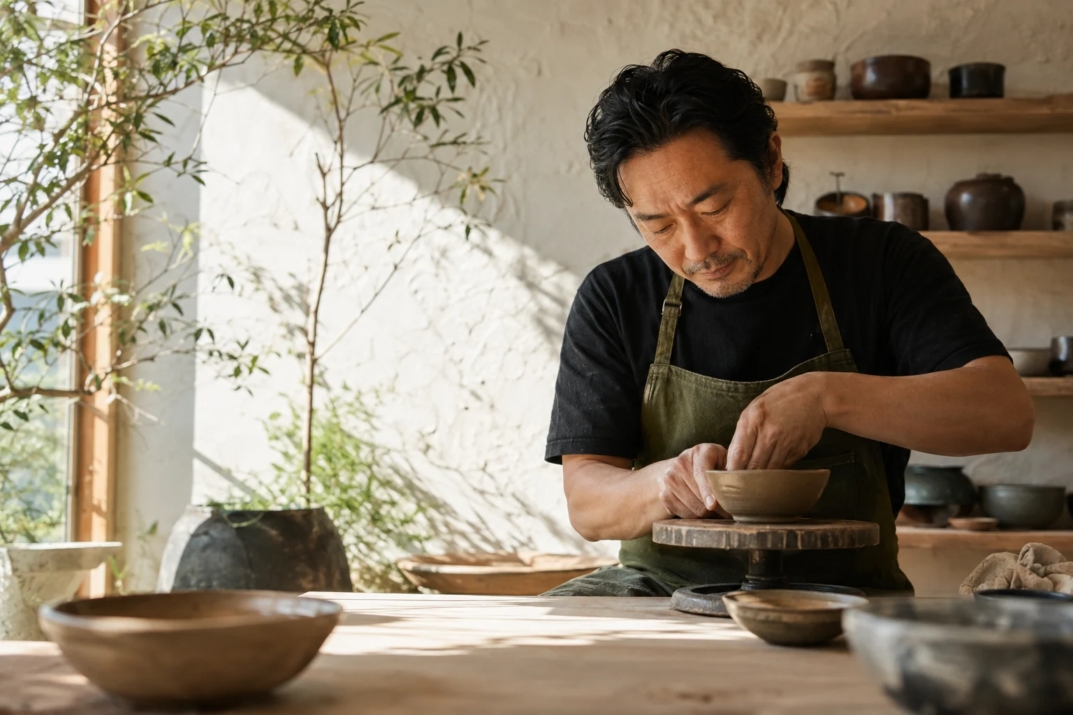 Man in an olive apron shaping a ceramic bowl in a sunlit pottery studio