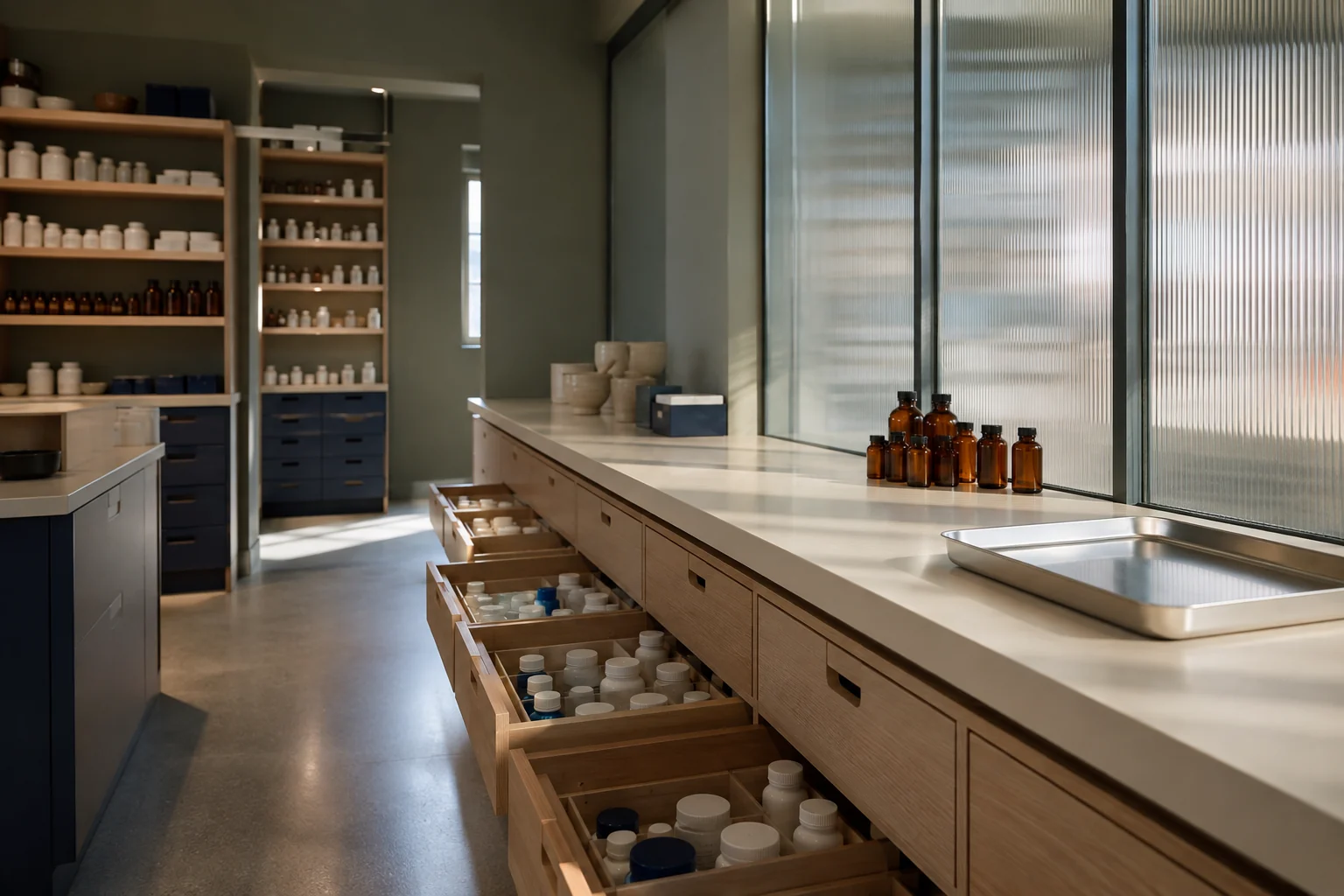 Organized pharmacy workroom with storage drawers and a dispensing bench