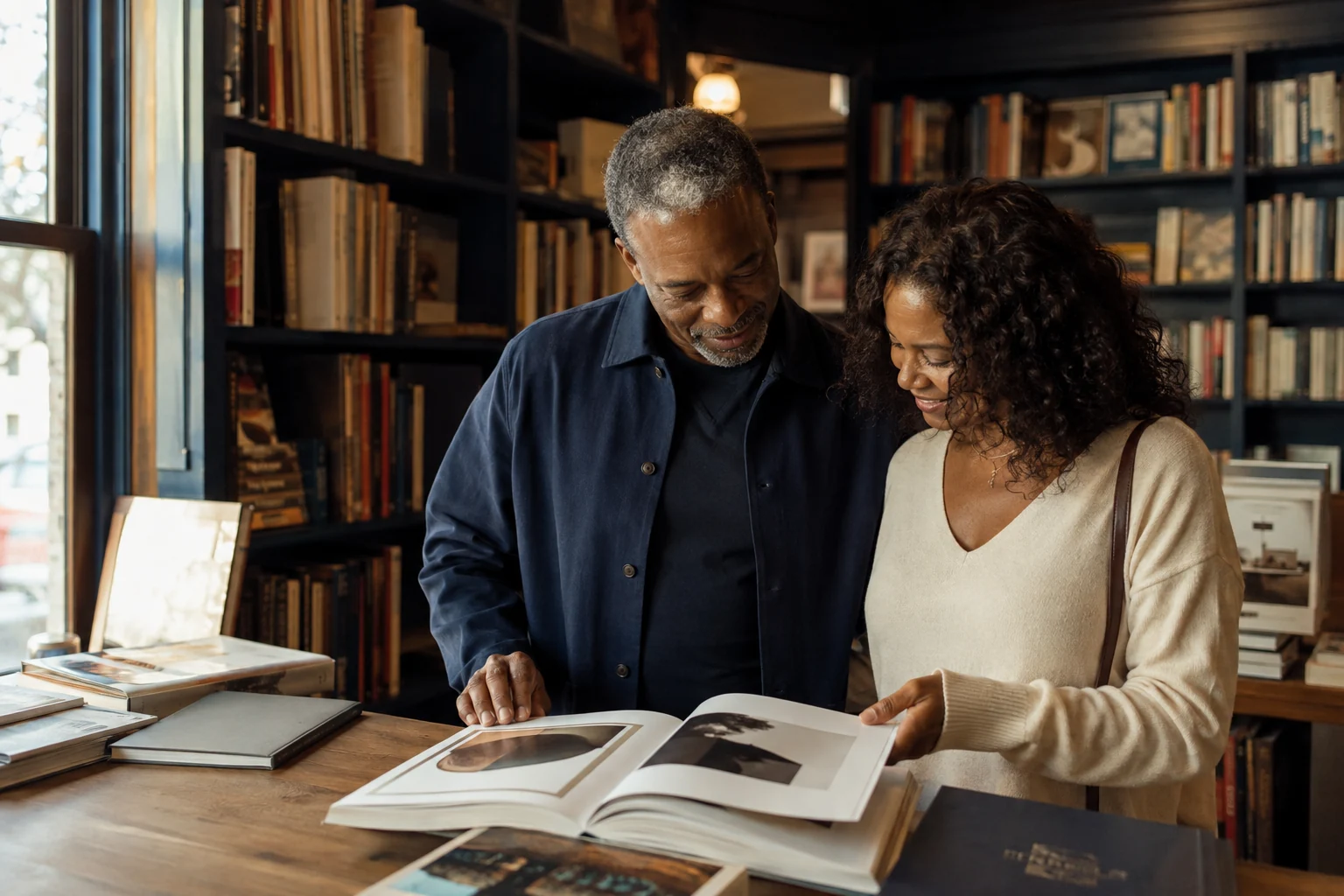 Couple sharing an art book in a warmly lit independent bookshop