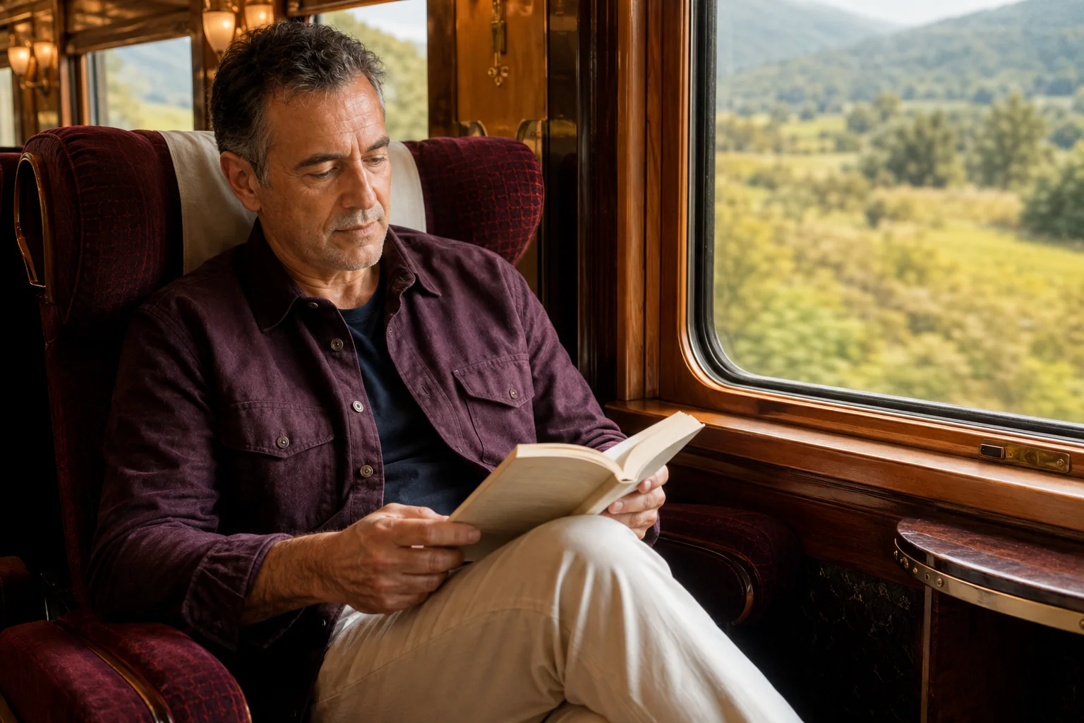 A man reading beside the window of a train travelling through green countryside.