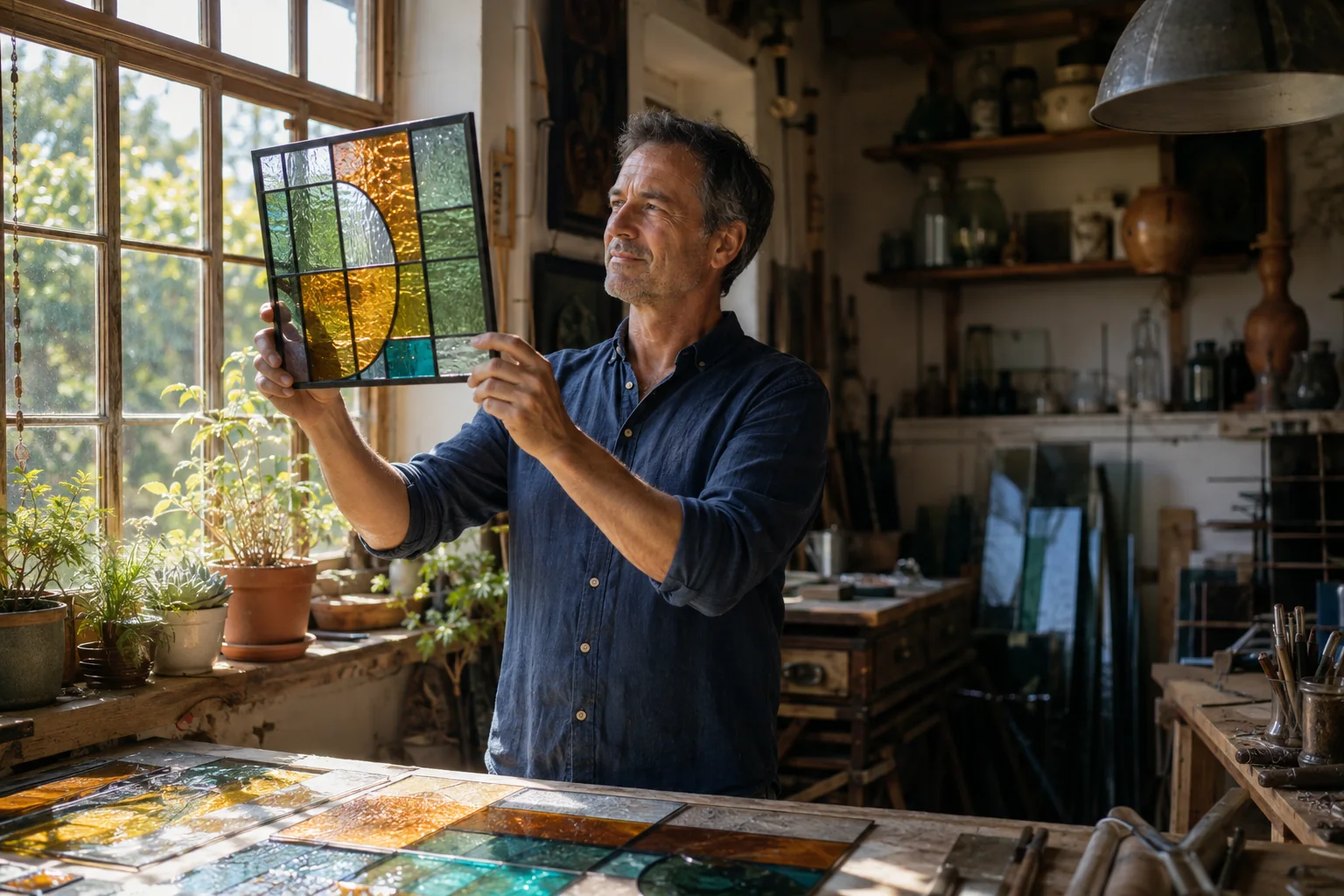 An adult man examines a stained-glass panel in a sunlit workshop.