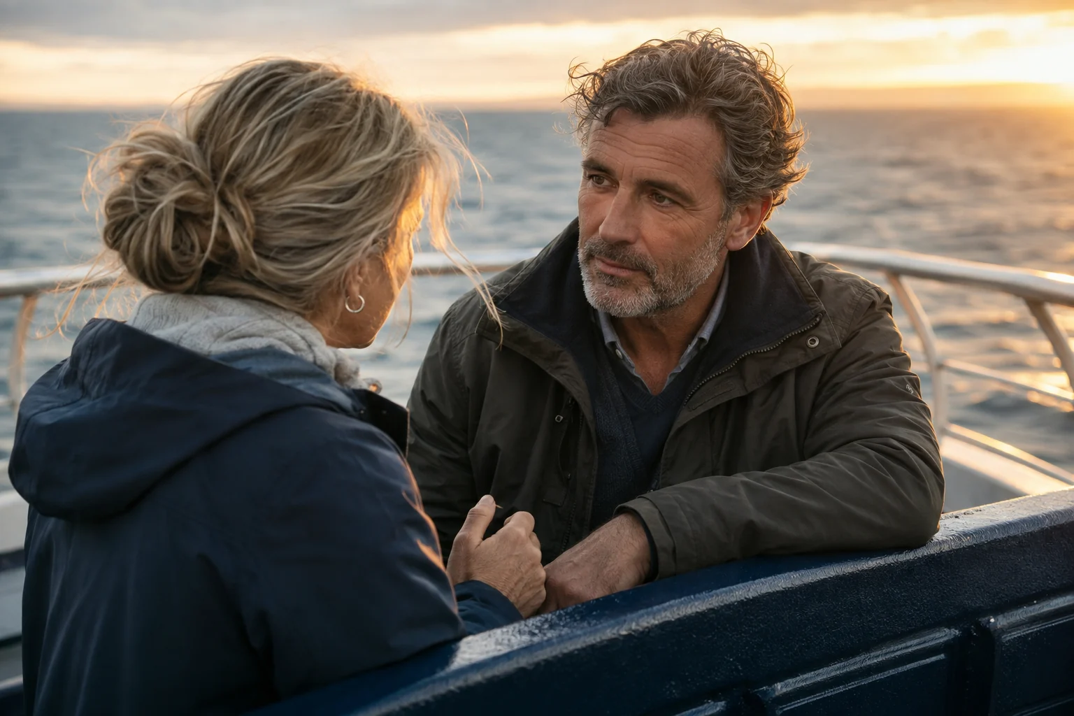 Adult couple talking quietly on the open deck of a ferry in warm evening light