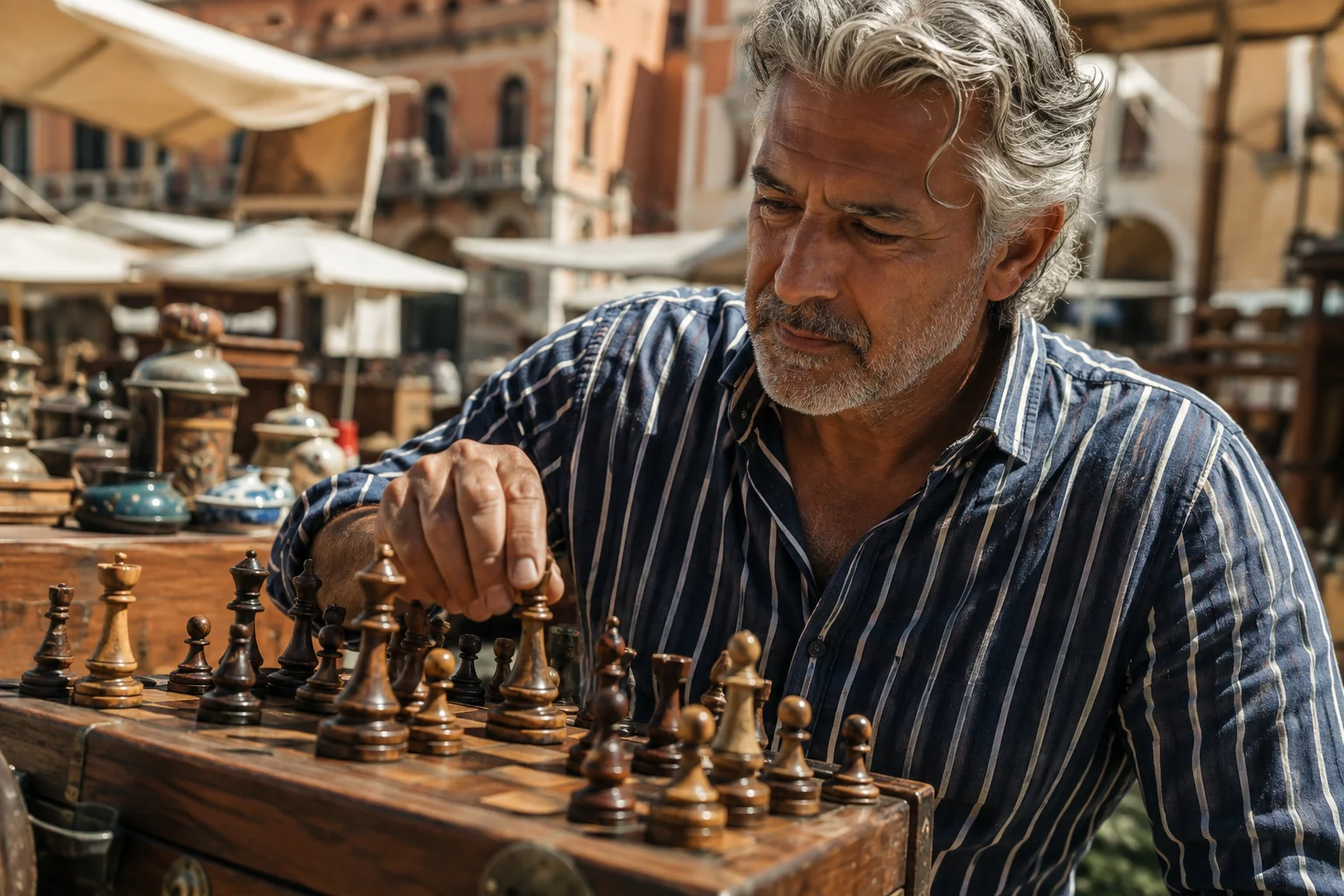 A silver-haired man considers a wooden chess set at an outdoor market.