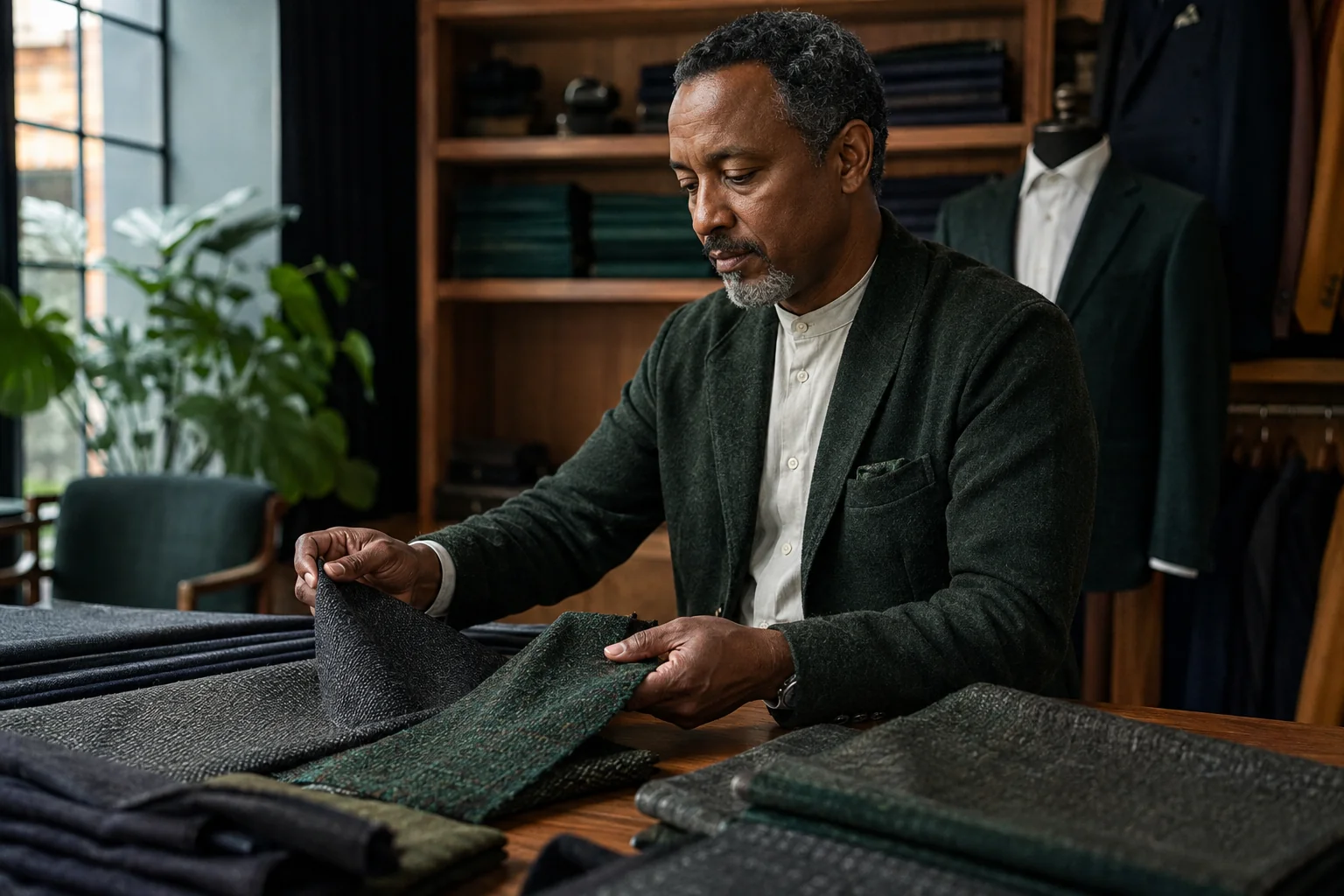 A man considers charcoal and green fabric swatches in a tailoring workshop.