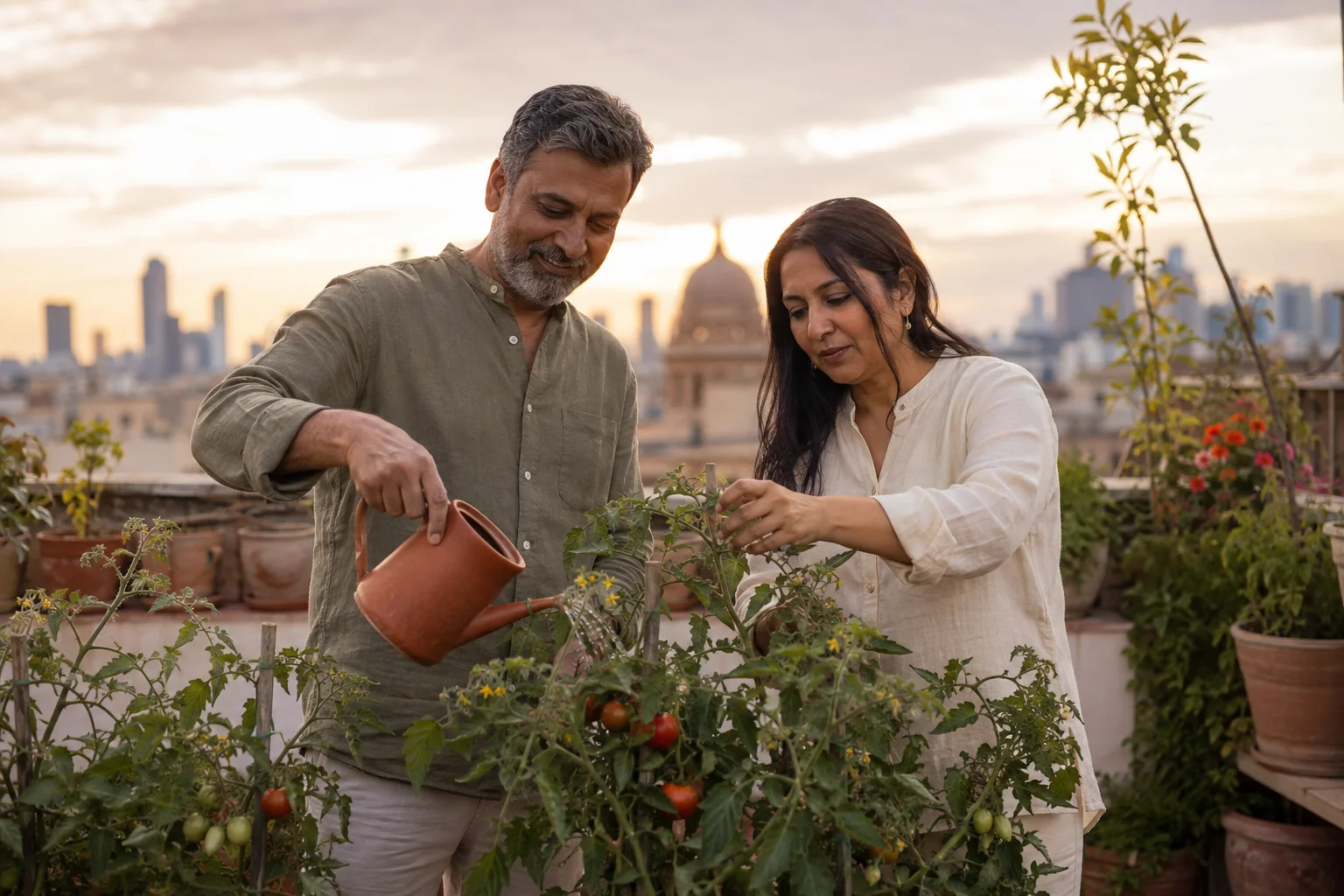An adult couple tends tomato plants together on a rooftop terrace at sunset.