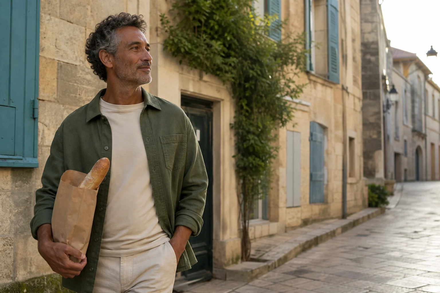 A mature man walks along a sunlit street carrying bread in a paper bakery bag.