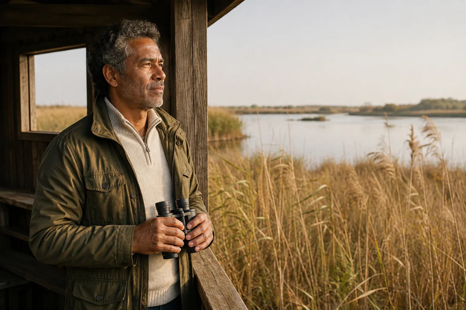 A mature man holds binoculars in a wooden hide beside sunlit reeds and a quiet lake.