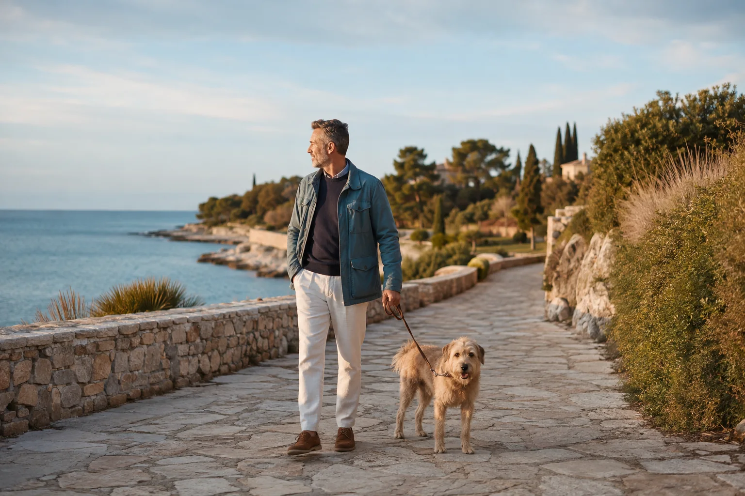 Adult man with a sandy terrier on a coastal walking path overlooking a calm bay