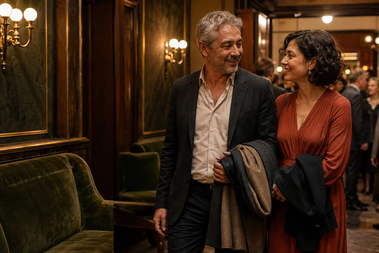 A mature couple smile at each other in a warmly lit theatre foyer, carrying their coats.