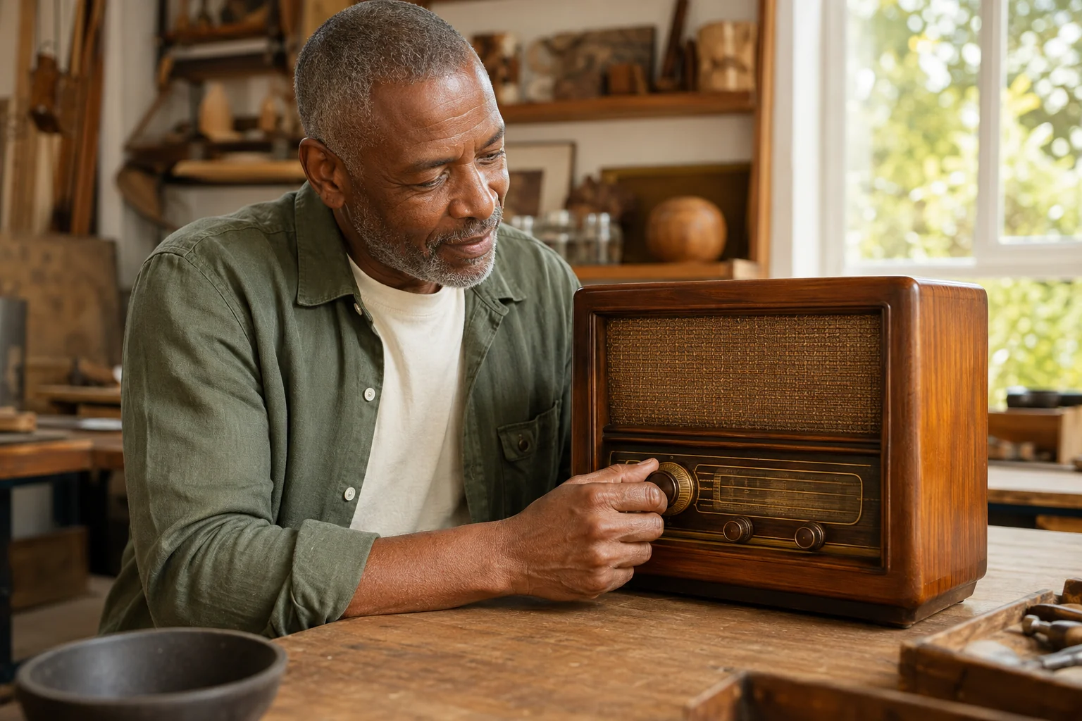 A man adjusting a vintage wooden radio in a sunlit workshop