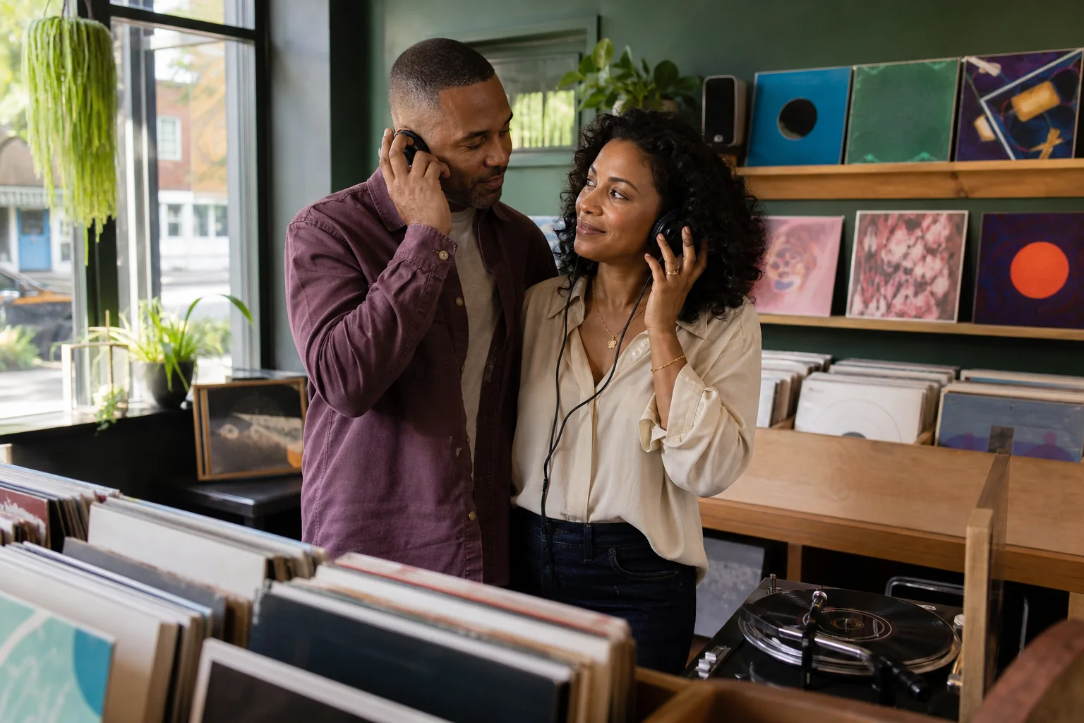 An adult couple listens to music together at a vinyl record shop.