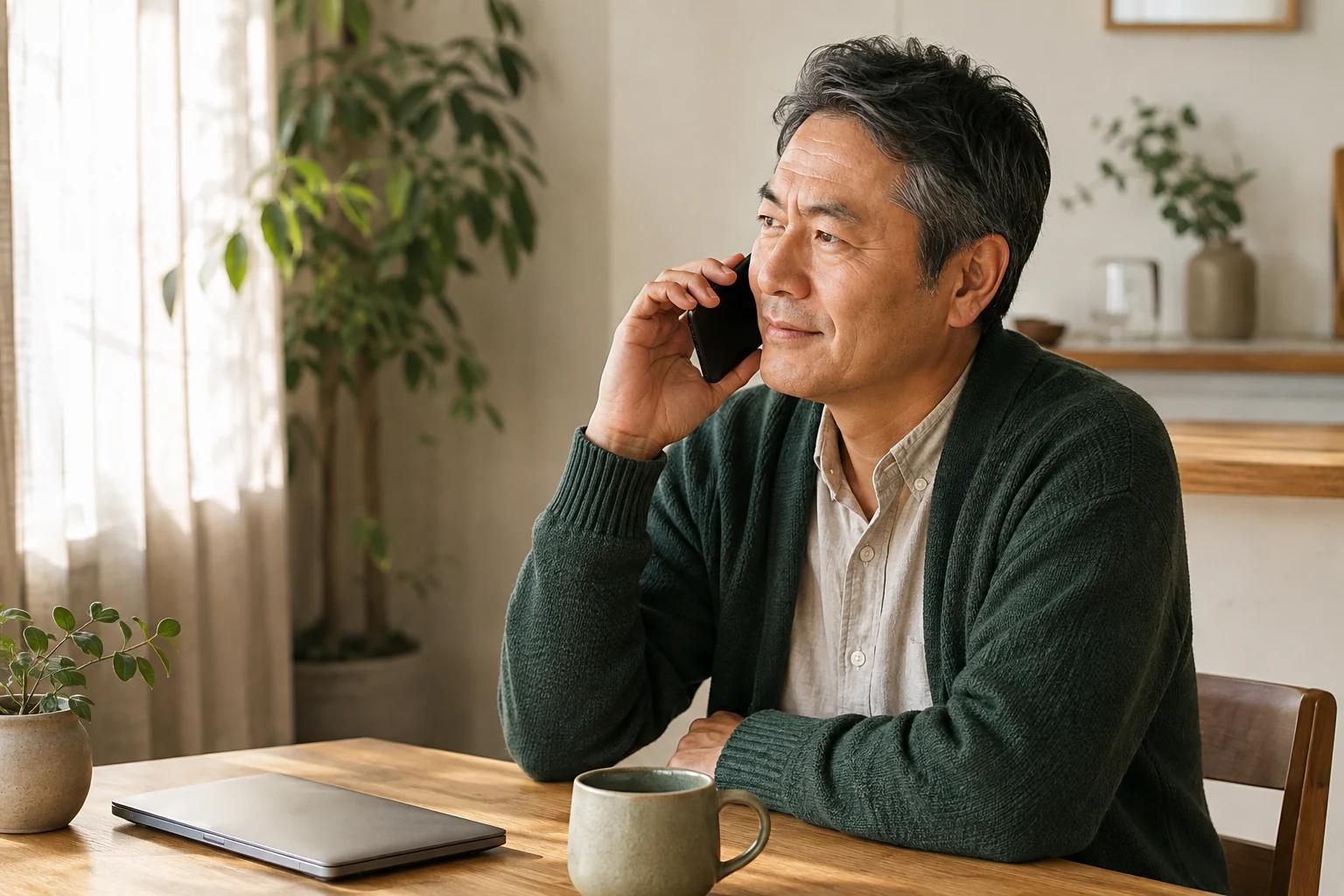 A man having a private phone conversation at a sunny kitchen table