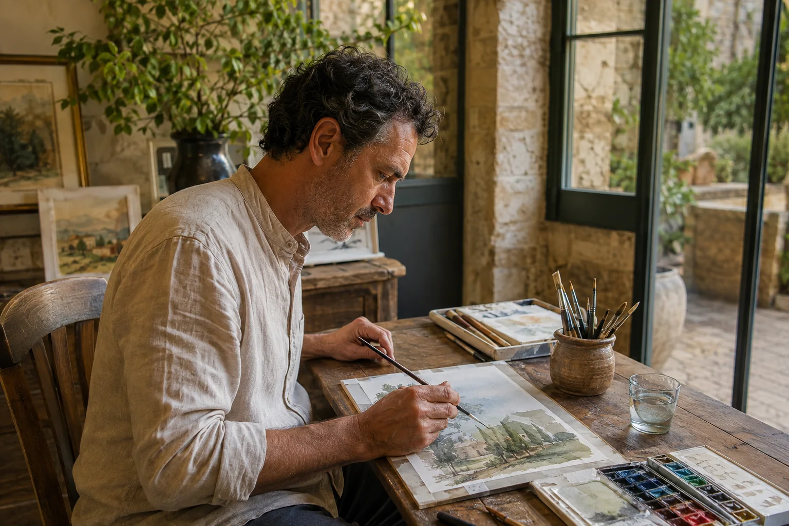 A man painting a watercolor at a sunlit studio desk.