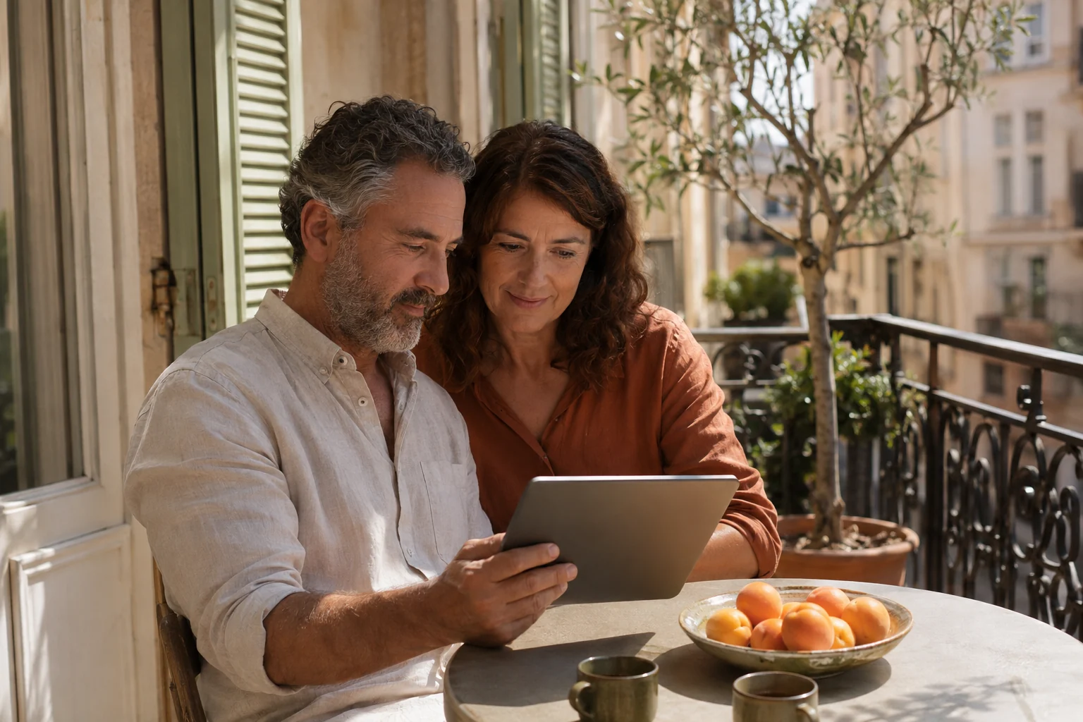 A mature couple looking at a digital tablet together over coffee on a sunny balcony