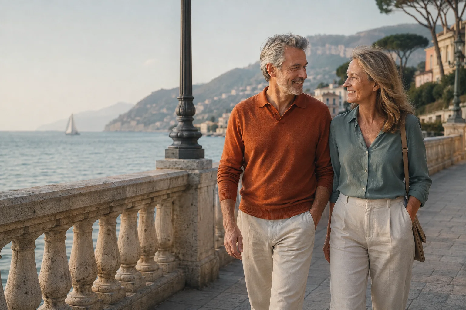 Mature couple walking together beside the sea in warm morning light