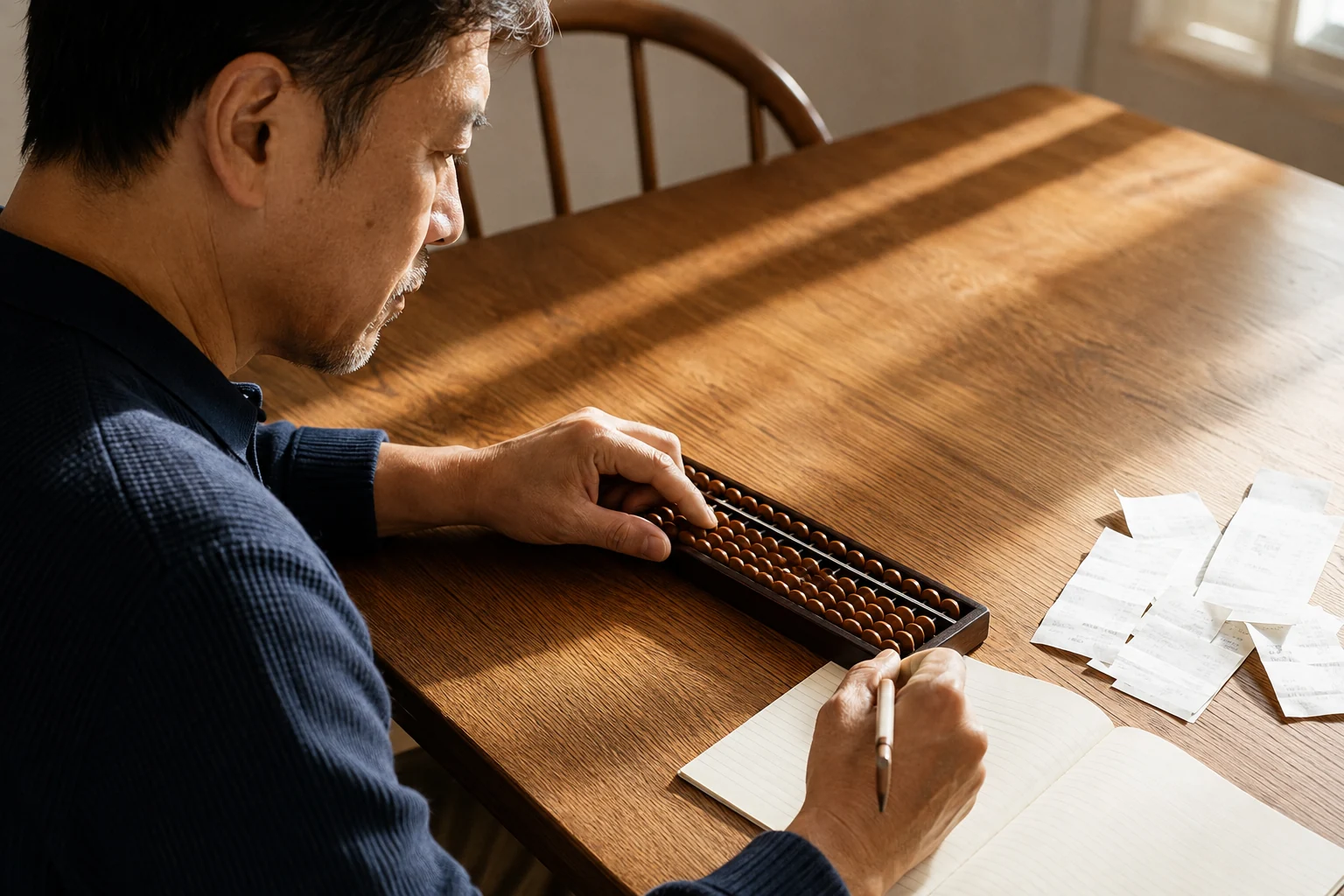 Man comparing household spending with a wooden abacus and notebook at a sunlit table