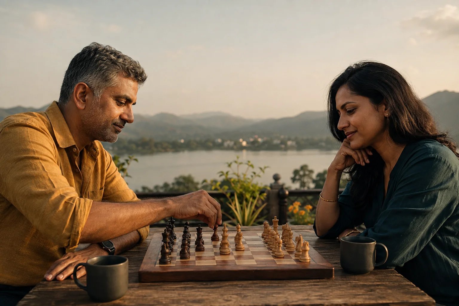 An adult couple enjoys a quiet outdoor chess game beside a lake.