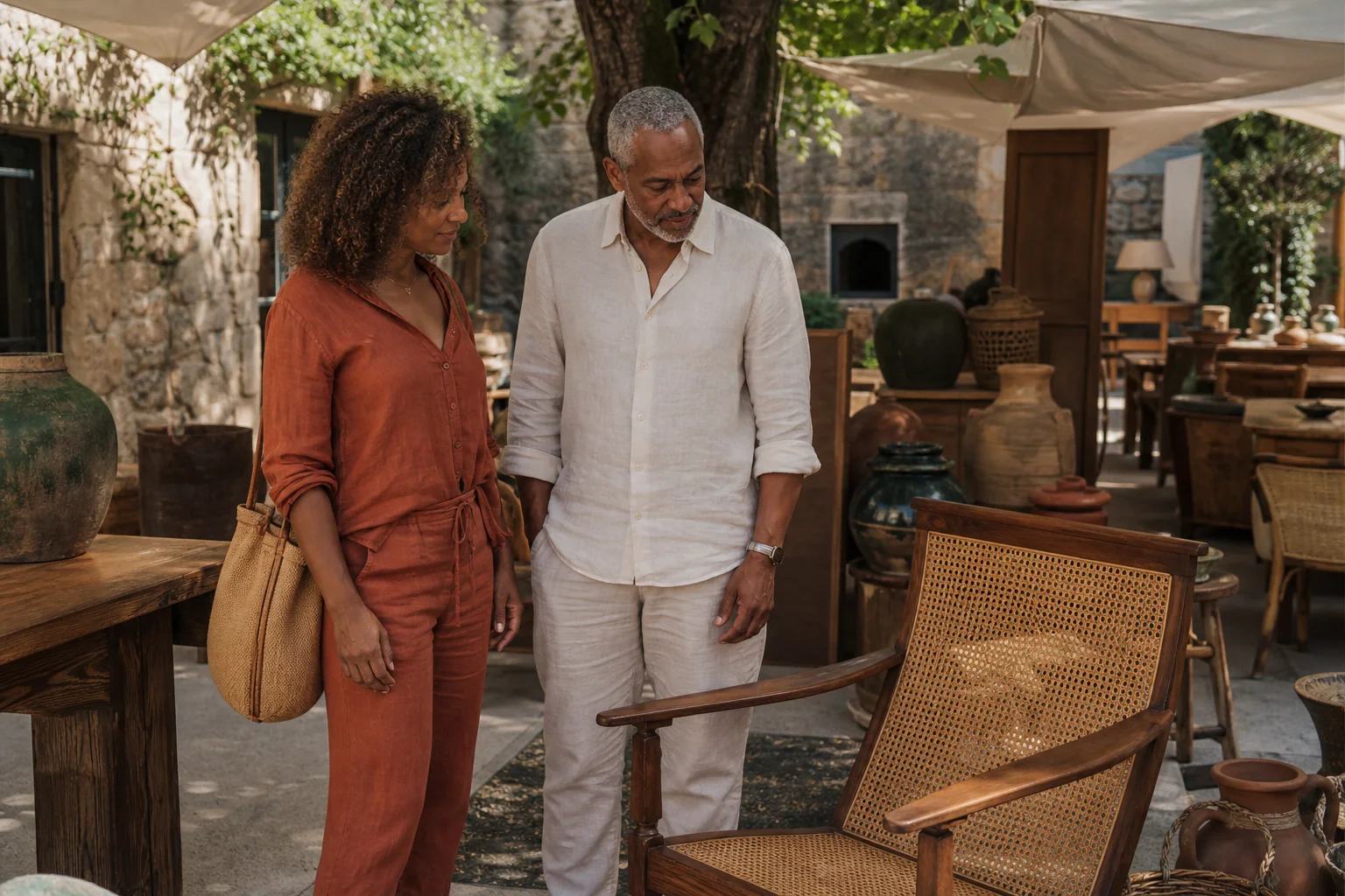 An adult couple considering a wooden chair at an outdoor craft market.