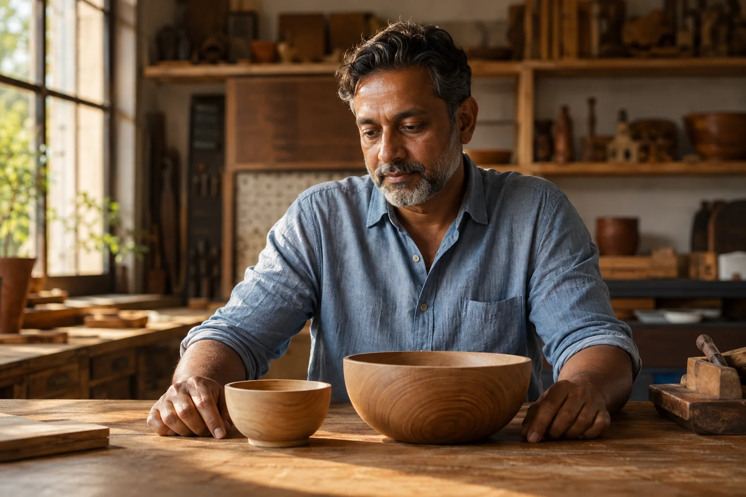 Man in a sunlit woodworking studio considering two wooden bowls of different sizes