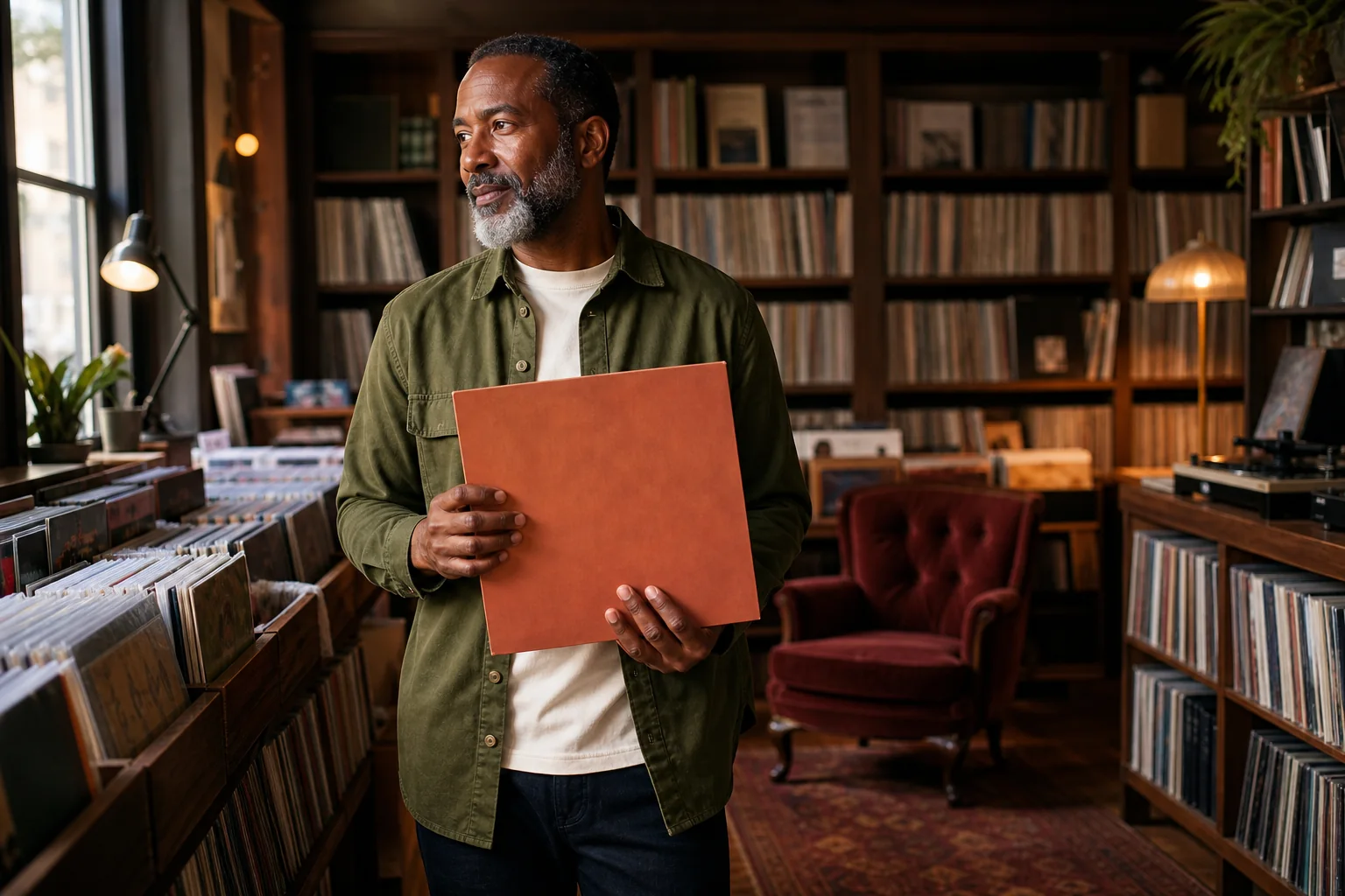 Man browsing records in a warmly lit independent record shop