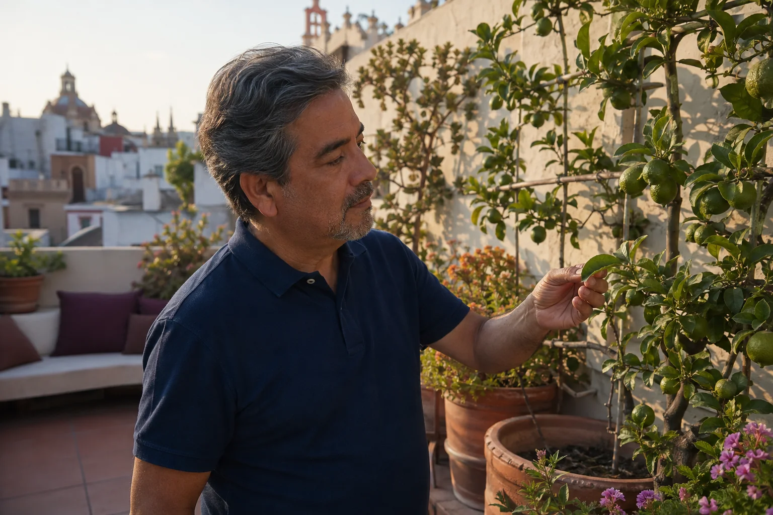 Man tending a citrus tree in a sunlit rooftop garden