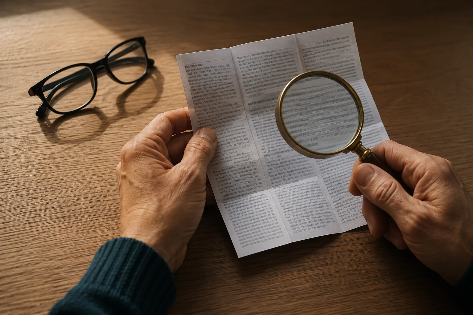 Hands holding a folded medicine leaflet and magnifying glass over a wooden desk