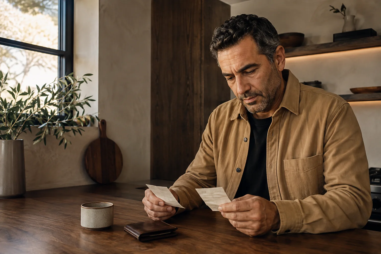 Man considering household spending at a sunlit kitchen counter