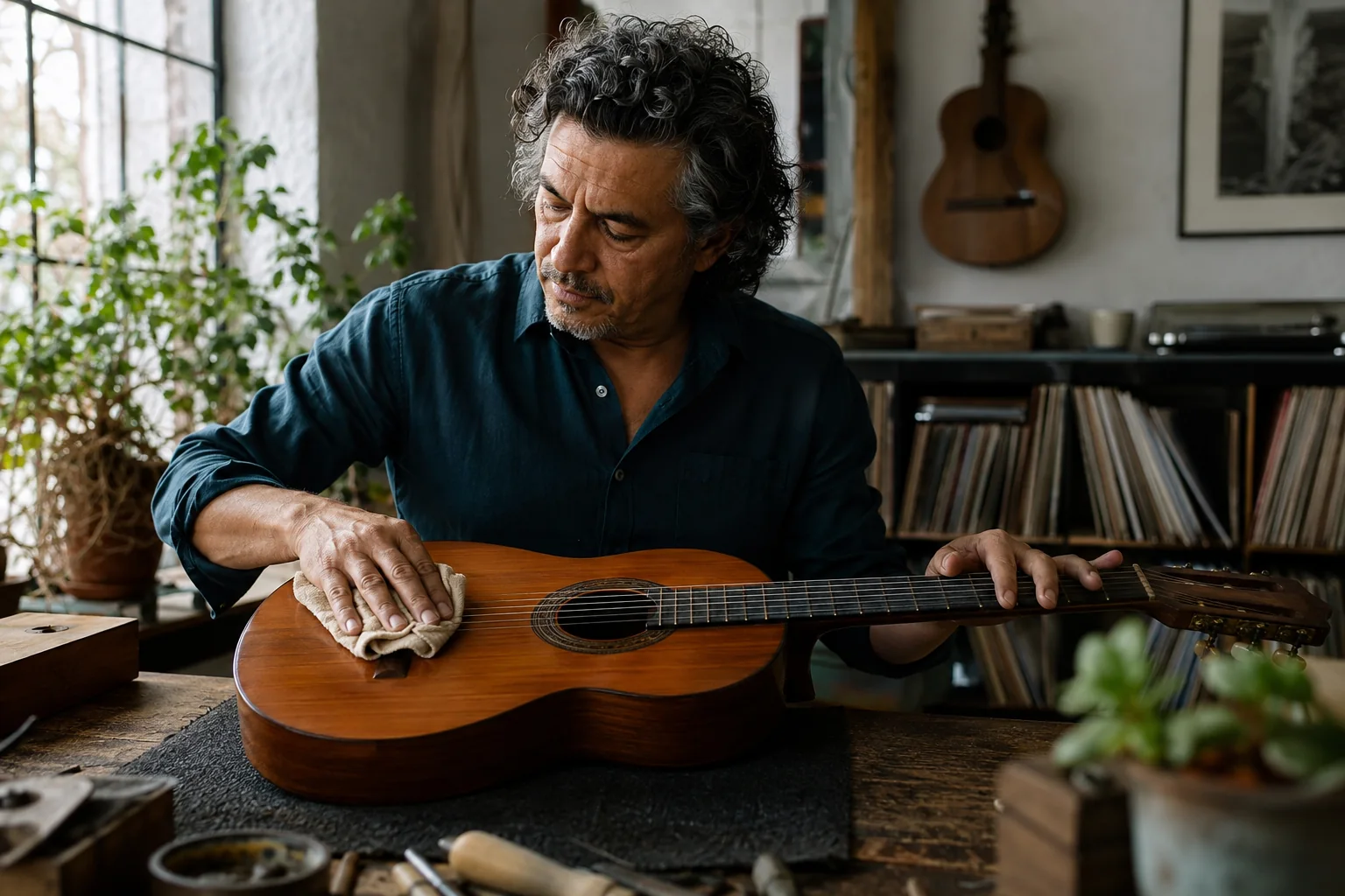 A mature man cares for an acoustic guitar in a sunlit home music room.