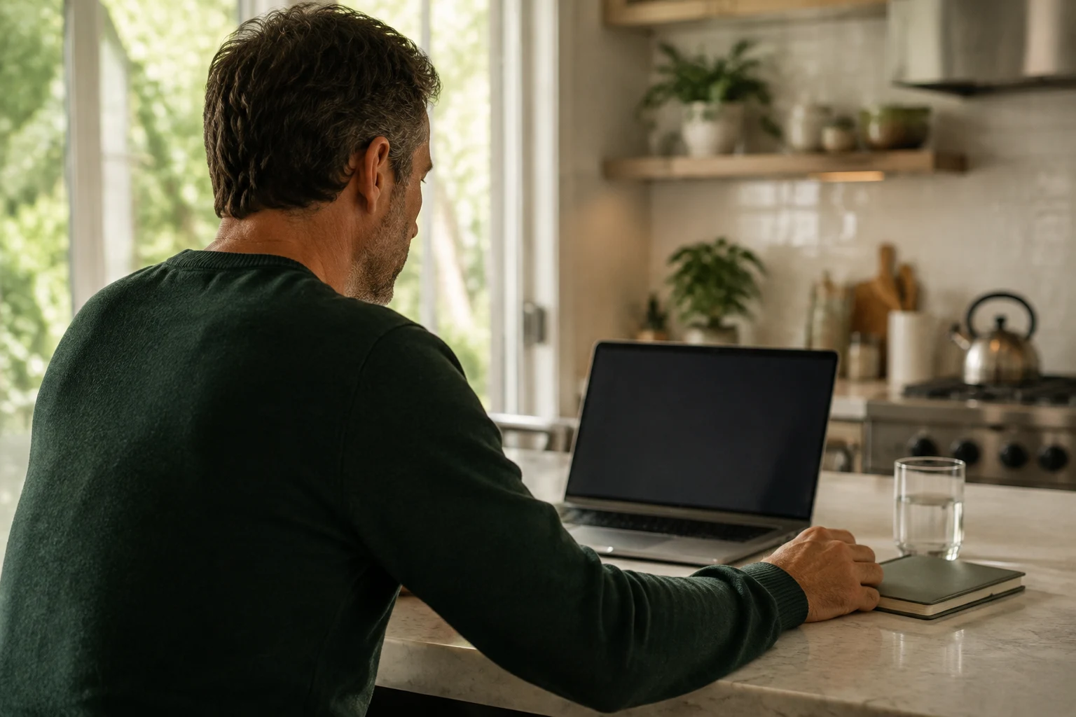 Man seated at a kitchen counter with a laptop and notebook