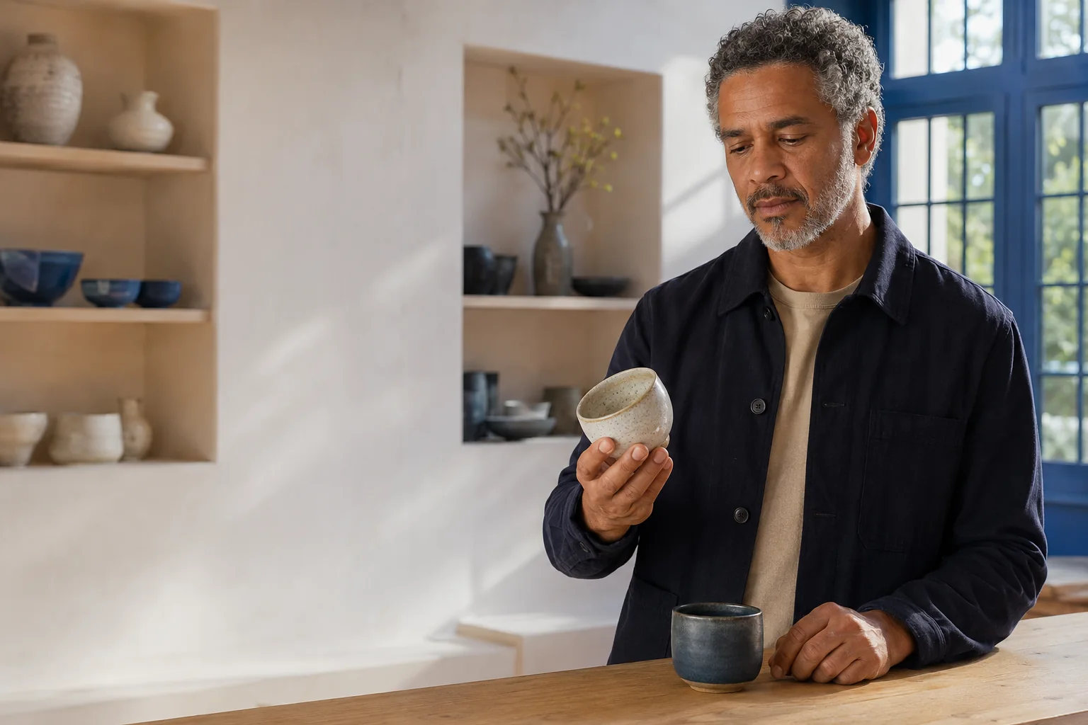 Man considering handmade ceramic cups in a bright independent shop