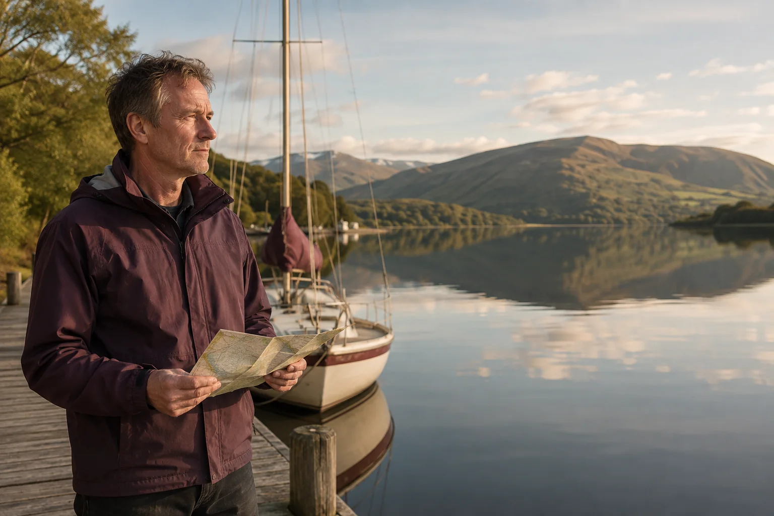 Man holding a folded map on a quiet lakeside jetty