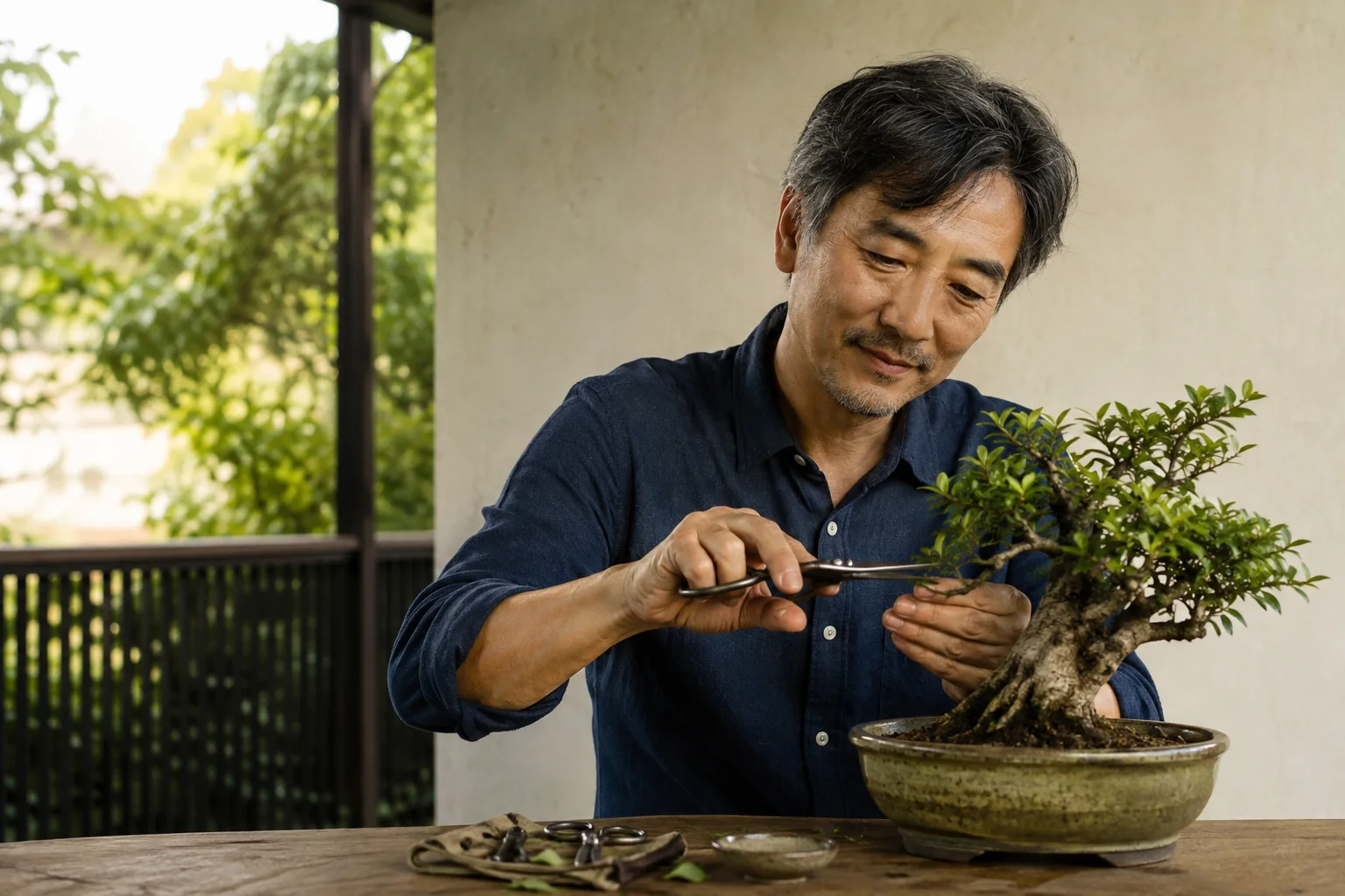 A mature man carefully tending a bonsai tree on a quiet balcony