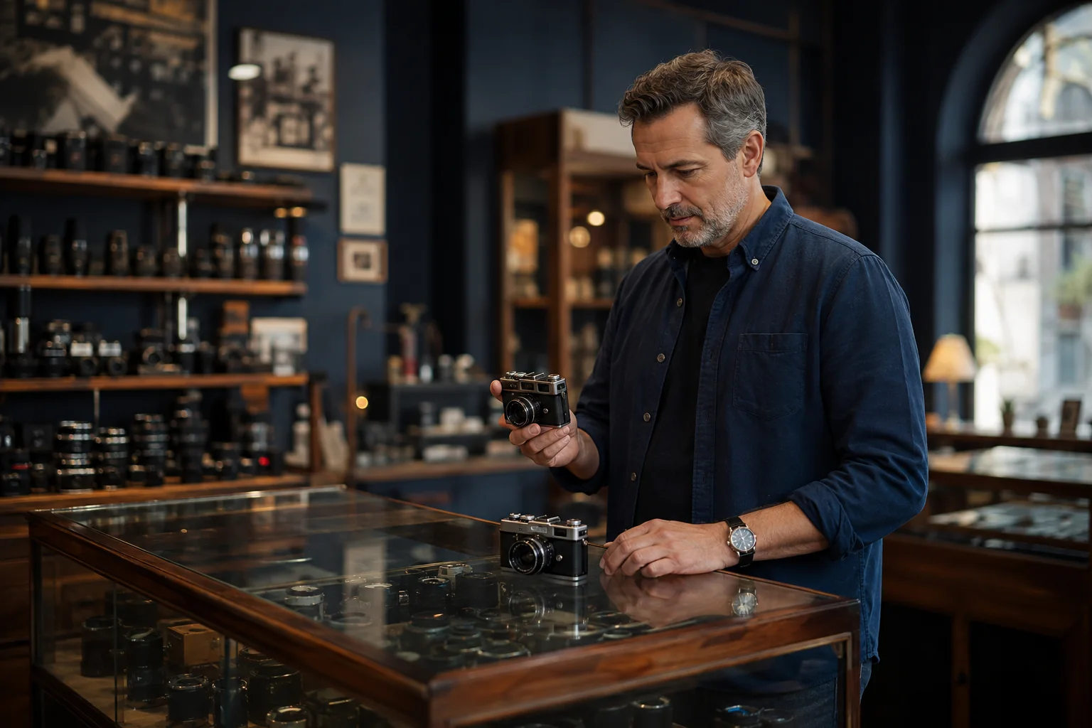 Adult man comparing two unbranded cameras at a walnut shop counter