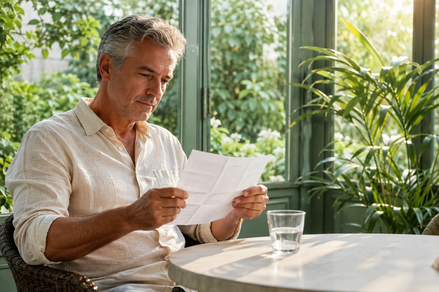 Man reading a folded leaflet beside a glass of water in a conservatory