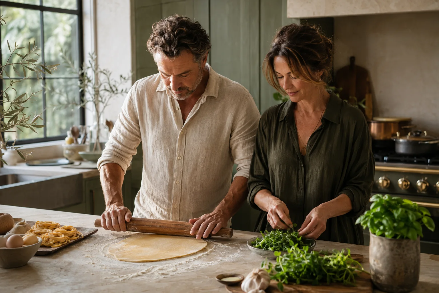Adult couple preparing fresh pasta together in a sunlit kitchen