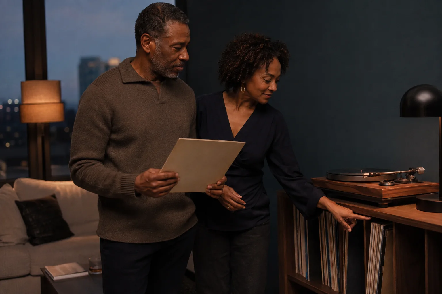 A mature couple choosing a record together for a relaxed evening at home