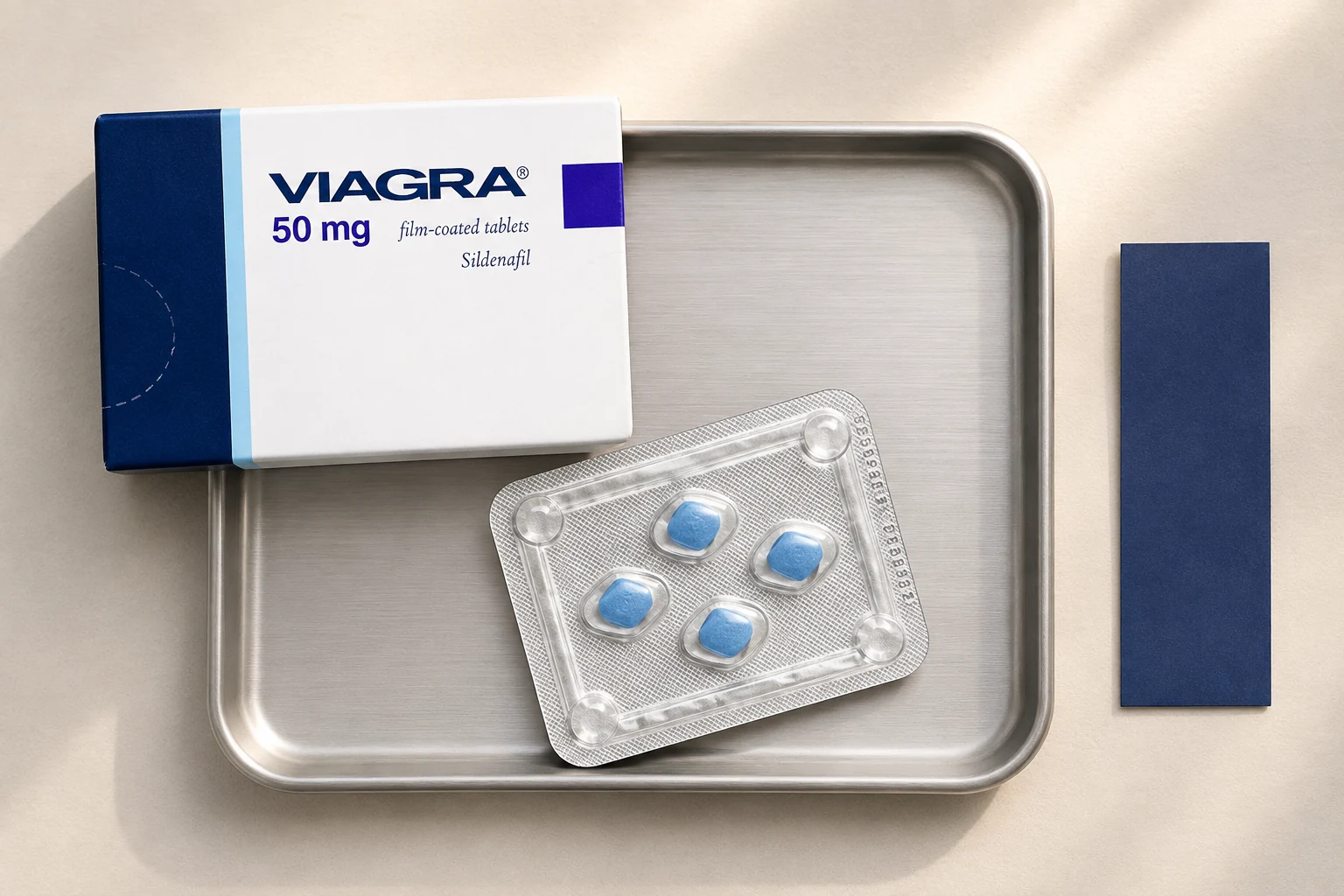 Viagra 50 mg carton and blue-tablet blister on a brushed metal pharmacy tray