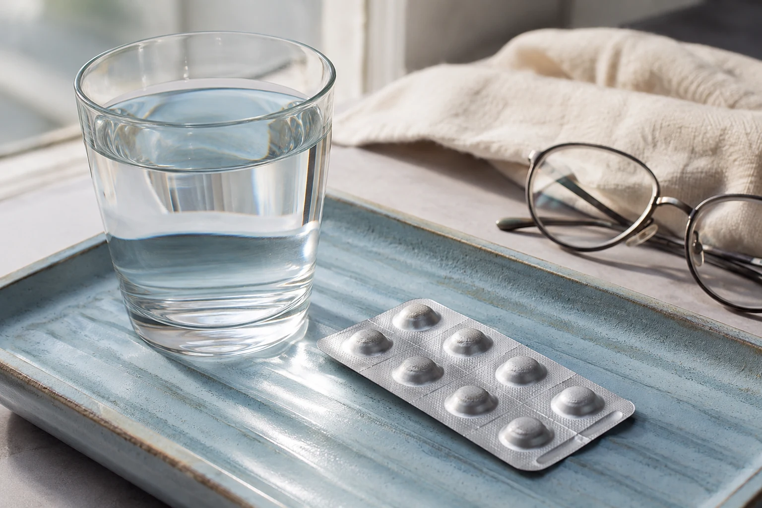 A glass of water and a closed foil blister on a pale blue ceramic tray