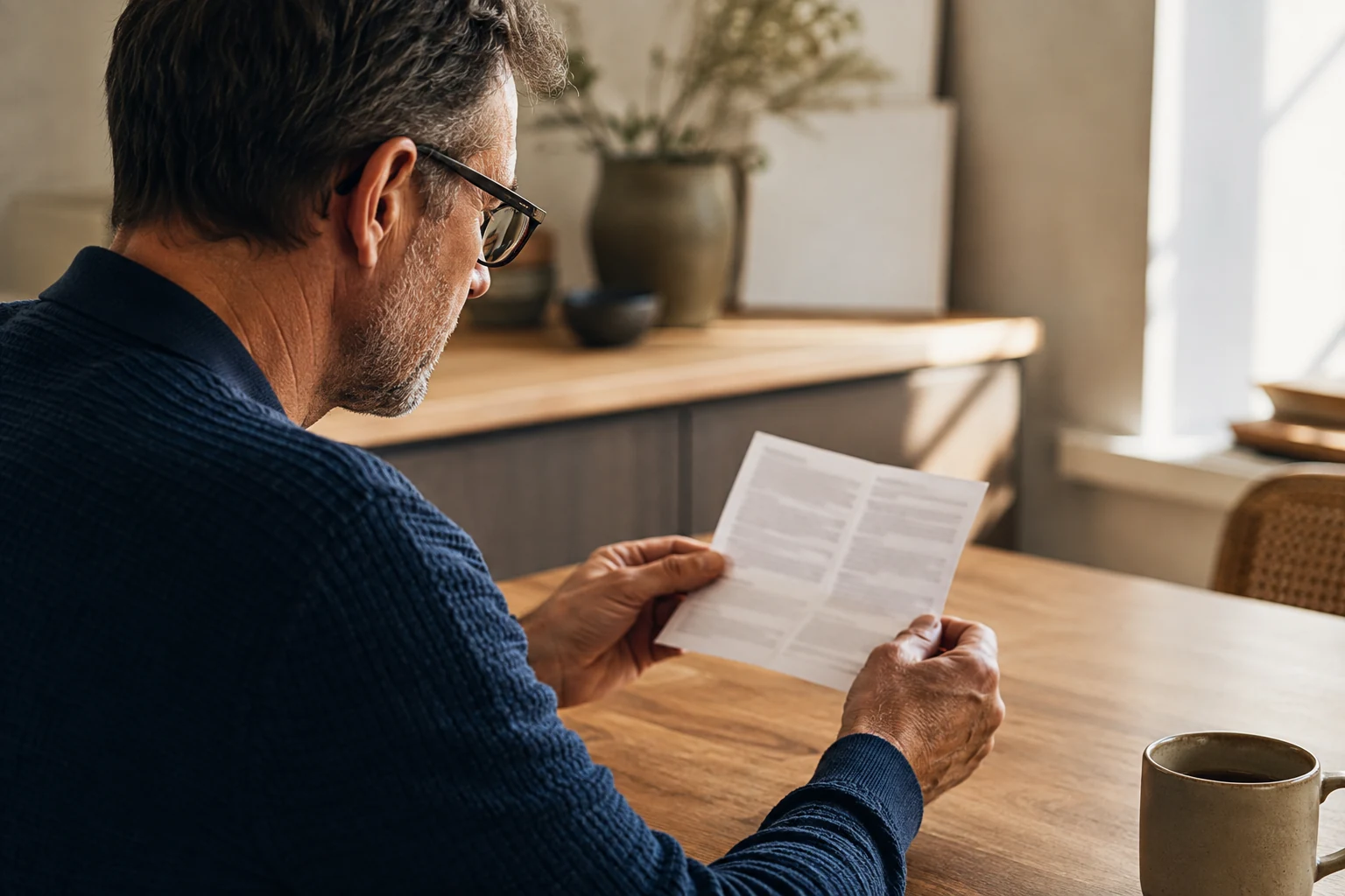 A man wearing reading glasses studies a medicine leaflet at a kitchen table